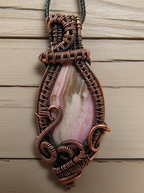 Rhodonite Wire Wrapped Crystal Necklace Oxidized Copper wire Handmade
